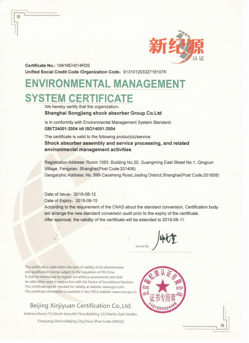 淞江集团环境管理体系认证证书英文版